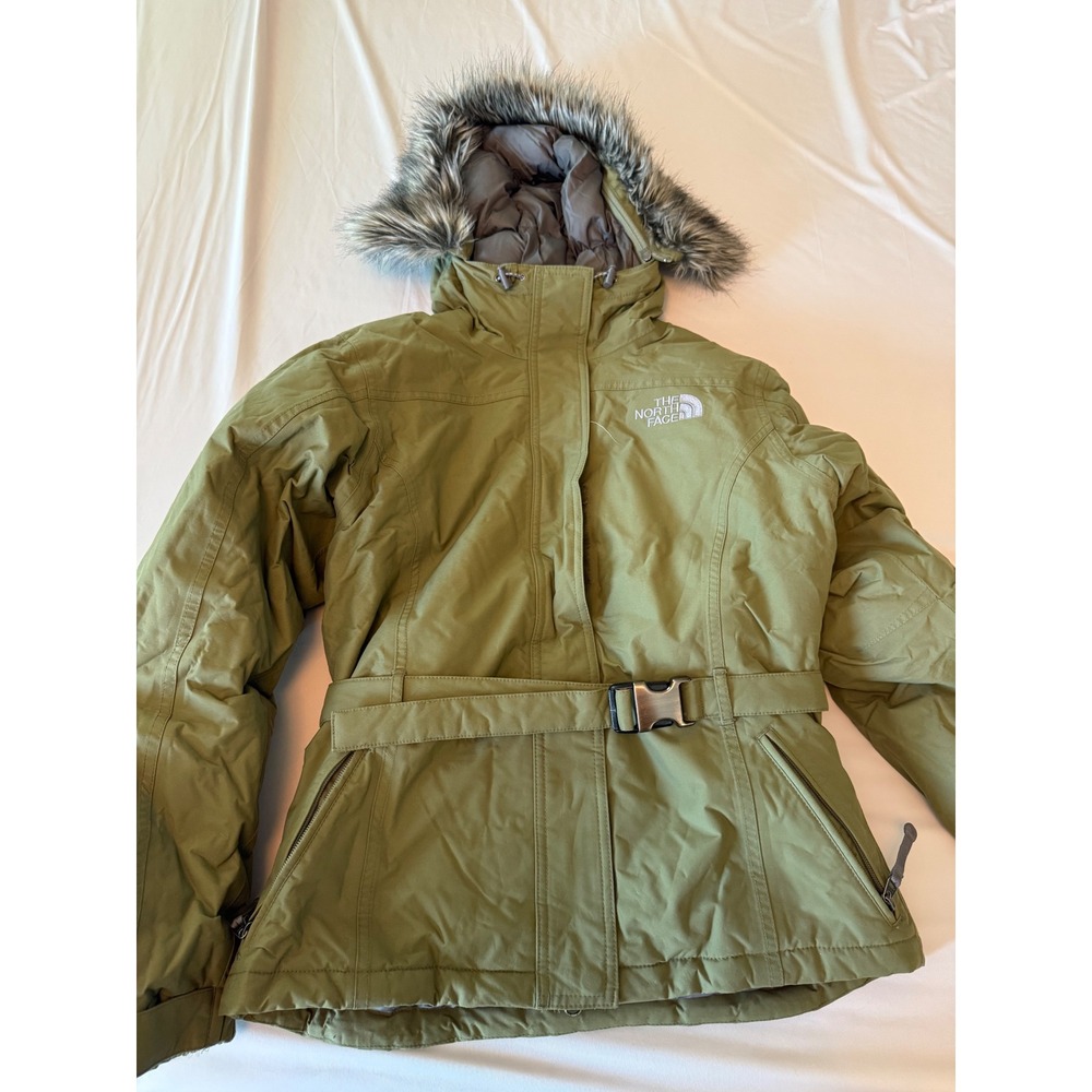 The North Face 550 Down Belted Parka Olive Green Faux Fur Hood Jacket Womens S